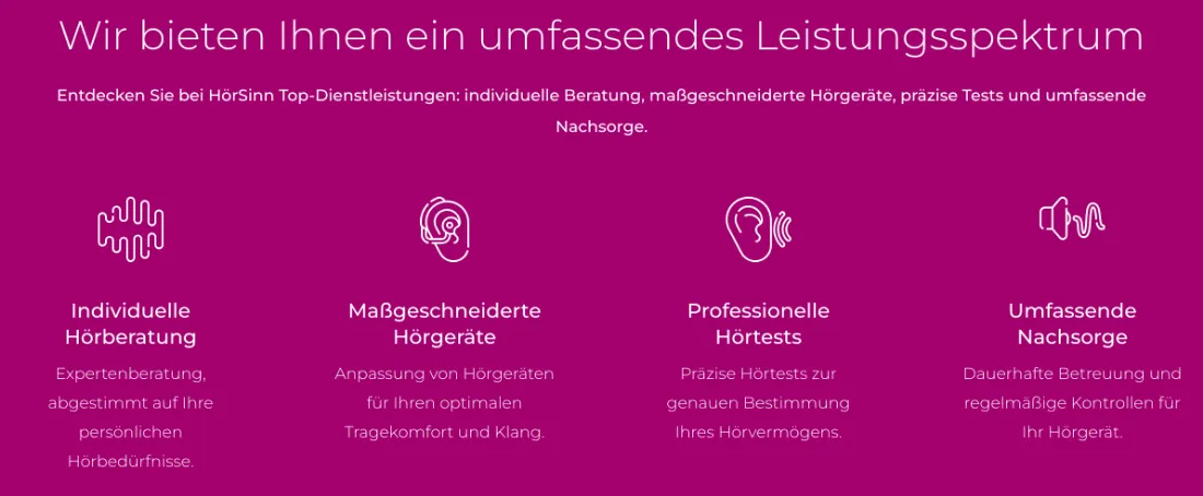 Ausschnitt der Website von Hörsinn, Frankfurt am Main: Vier klar benannte Leistungen mit Icons — wer sucht, erfasst auf einen Blick Beratung, Geräte, Tests und Nachsorge.