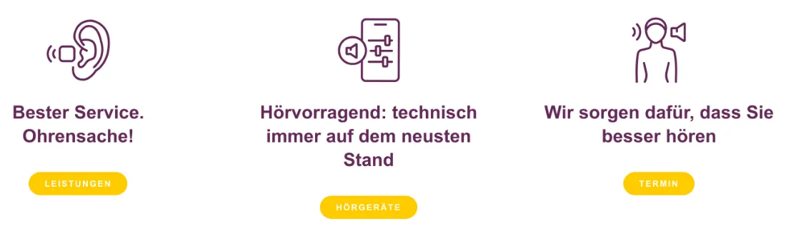 Ausschnitt der Website von Hörstudio Oßweil Le & Go, Landkreis Ludwigsburg: Drei Kacheln mit klaren Buttons führen zu Leistungen, Hörgeräten und Termin — wer sucht, findet sofort den passenden Einstieg.