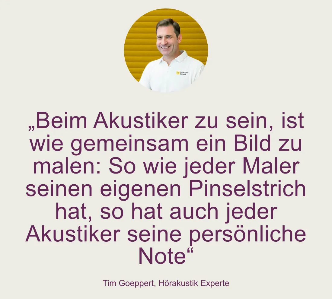 Ausschnitt der Website von Hörstudio Oßweil Le & Go, Landkreis Ludwigsburg: Groß gesetztes Zitat mit Foto und Funktionszeile — wer prüft, erkennt Haltung und Verantwortung hinter dem Angebot.