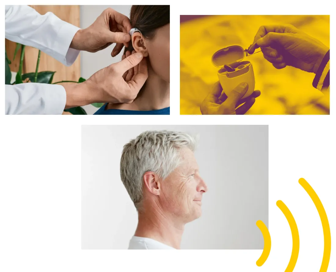 Ausschnitt der Website von Hörstudio Oßweil Le & Go, Landkreis Ludwigsburg: Drei Motive zeigen Anpassung, Ladeetui und Alltag — der Besucher versteht Ablauf und Ziel der Hörgeräteversorgung auf einen Blick.
