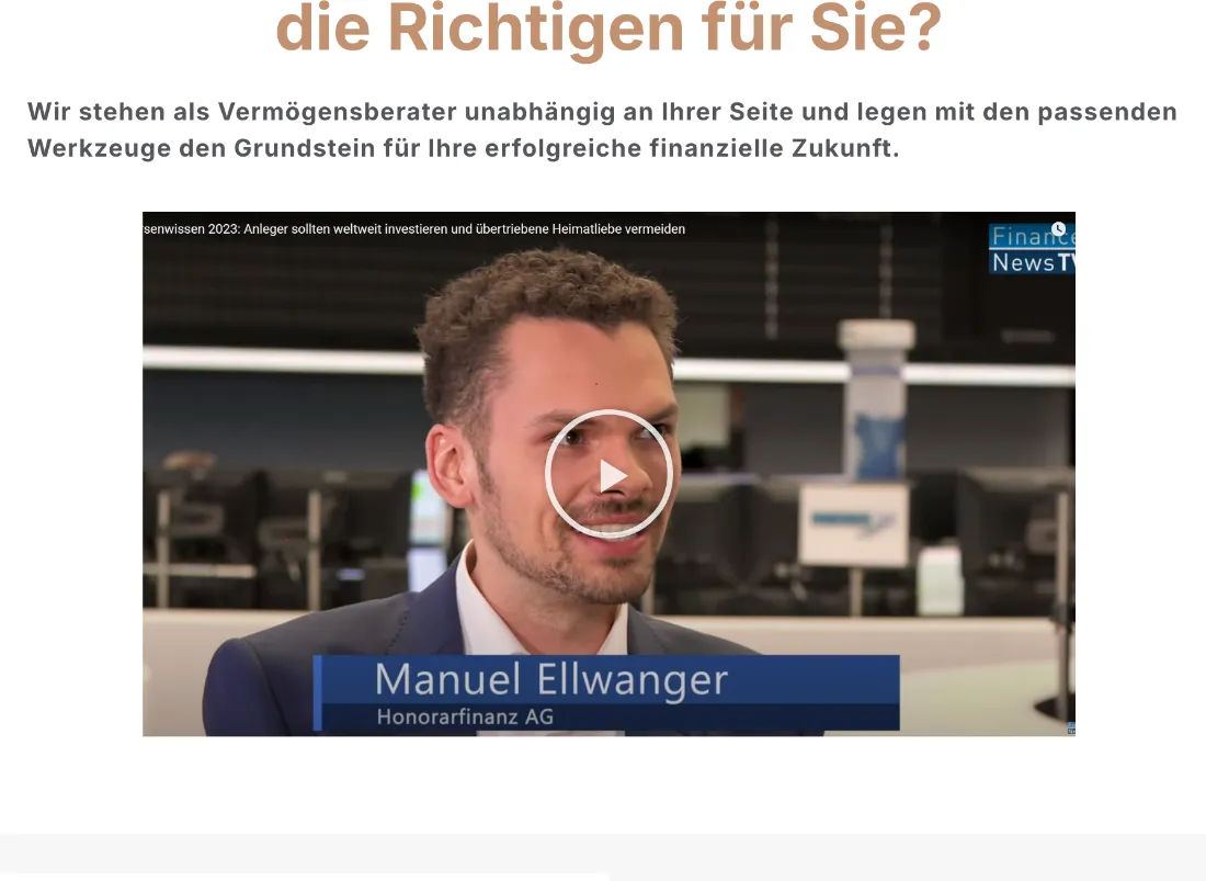 Ausschnitt der Website von Manuel J. Ellwanger, Stuttgart: Eingebettetes Interview mit Play-Button — wer sucht, hört Argumente und Tonfall sofort und prüft Vertrauen ohne Umwege.