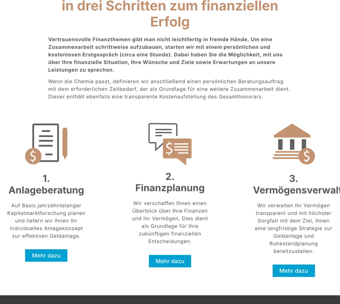 Ausschnitt der Website von Manuel J. Ellwanger, Stuttgart: Die drei nummerierten Schritte plus 'Erstgespräch ca. eine Stunde' nehmen Unsicherheit und liefern Ablauf samt Zeitrahmen.