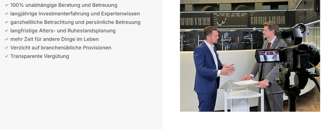 Ausschnitt der Website von Manuel J. Ellwanger, Stuttgart: Die Liste nennt sieben konkrete Vorteile, inkl. 100% Unabhängigkeit und Provisionsverzicht — der Besucher erkennt die Interessenlage.