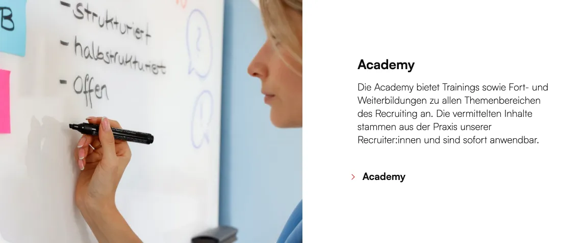 Ausschnitt der Website von HR-Recruiting Services GmbH, Berlin: Konkrete 3-Punkte-Notizen im Bild — wer sich orientiert, versteht auf Anhieb, dass es um direkt umsetzbare Interviewmethoden geht.