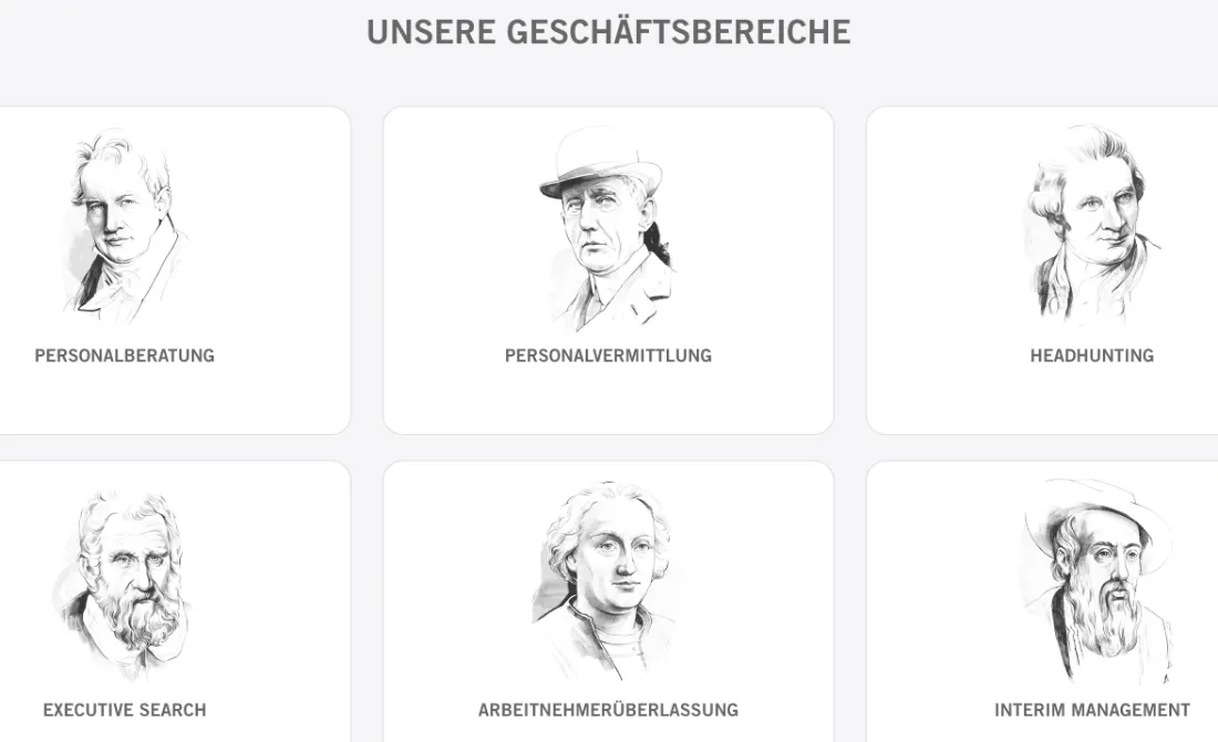 Ausschnitt der Website von HR UNIVERSAL GmbH, Köln: Sechs Kacheln mit klaren Bezeichnungen — wer vergleicht, versteht das gesamte Leistungsspektrum sofort und findet den passenden Einstieg.