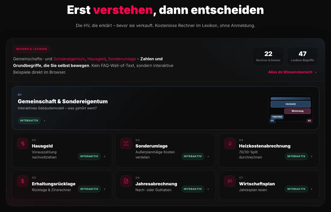 Ausschnitt der Website von Schad & Nebauer Münchner Hausverwaltung, Landkreis München: 22 Rechner und 47 Begriffe sind klar ausgewiesen — der Besucher sieht den Umfang sofort und startet per Kachel ins Thema.