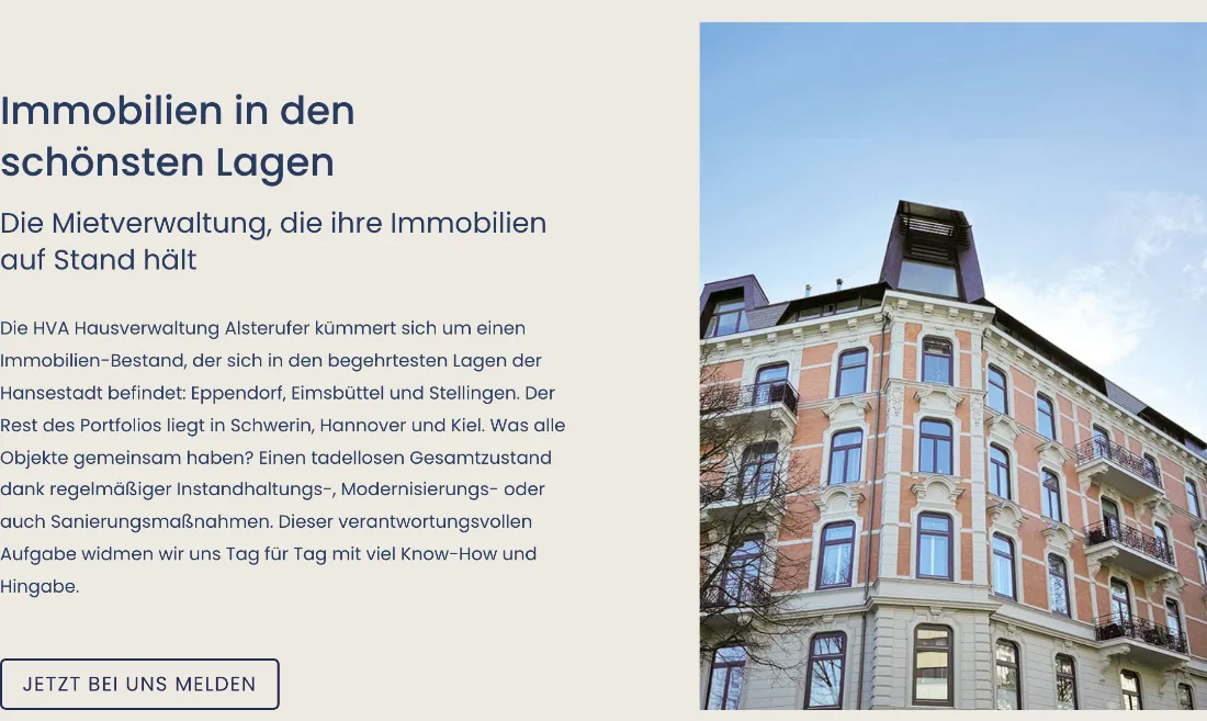 Ausschnitt der Website von HVA Hausverwaltung ALSTERUFER GmbH, Hamburg: Eppendorf, Eimsbüttel, Stellingen plus Schwerin, Hannover, Kiel werden genannt — wer sucht, prüft sofort, ob Lage und Radius passen.