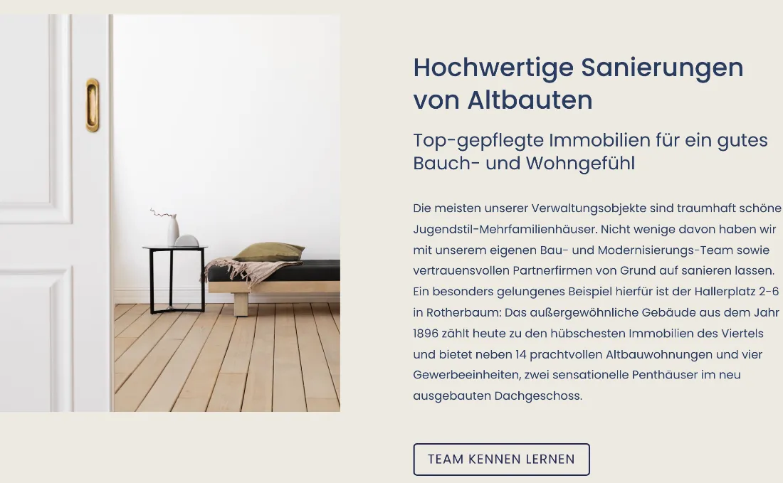 Ausschnitt der Website von HVA Hausverwaltung ALSTERUFER GmbH, Hamburg: Beispiel mit Adresse Hallerplatz 2–6, Baujahr 1896 und Zahlen: 14 Wohnungen, 4 Gewerbeeinheiten, 2 Penthäuser — Leistung wird greifbar.