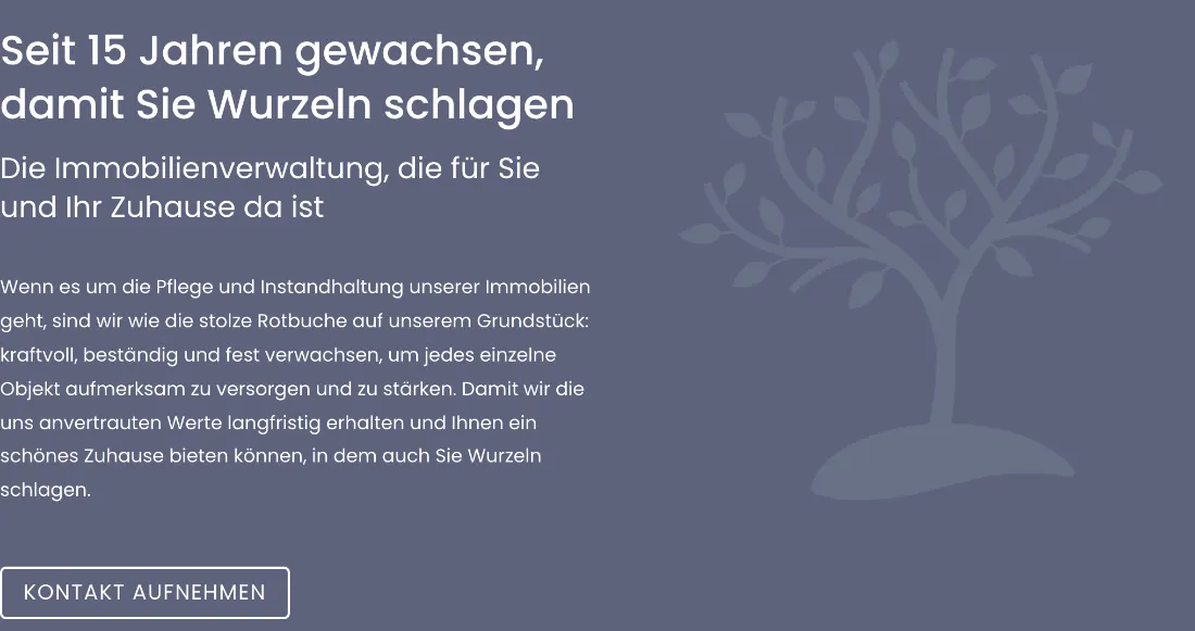 Ausschnitt der Website von HVA Hausverwaltung ALSTERUFER GmbH, Hamburg: Klar genannte 15 Jahre Erfahrung und ein einzelner Kontakt-Button — wer entscheiden will, findet den nächsten Schritt sofort.
