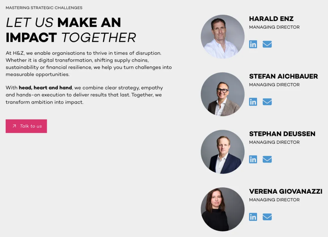 Ausschnitt der Website von H&Z Unternehmensberatung GmbH, München: Vier Ansprechpartner mit LinkedIn- und Mail-Icons direkt daneben — wer sucht, findet sofort einen passenden Kontaktweg.