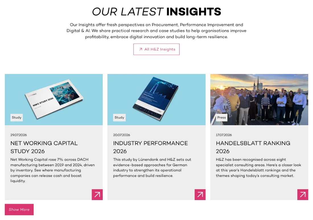 Ausschnitt der Website von H&Z Unternehmensberatung GmbH, München: Drei aktuelle Insights mit Datum und Typ-Labeln — wer recherchiert, erkennt sofort Relevanz und findet den nächsten Klick.