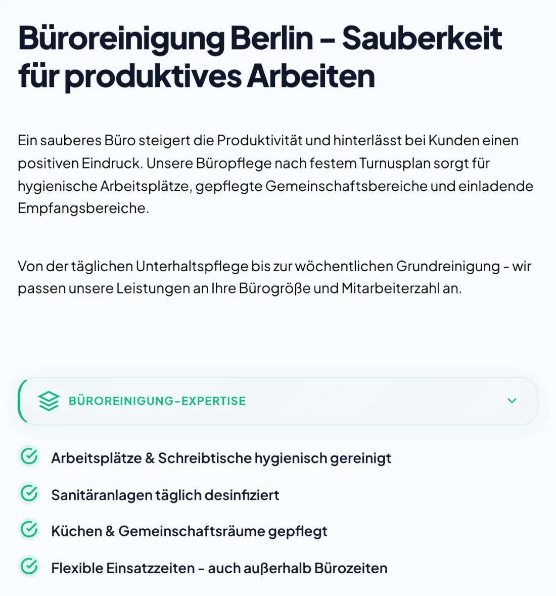 Ausschnitt der Website von Immo-Clean Gebäudereinigung e.K., Berlin: Vier klar benannte Leistungen plus Turnus ('täglich') und flexible Zeiten — der Besucher weiß sofort, was wann gereinigt wird.