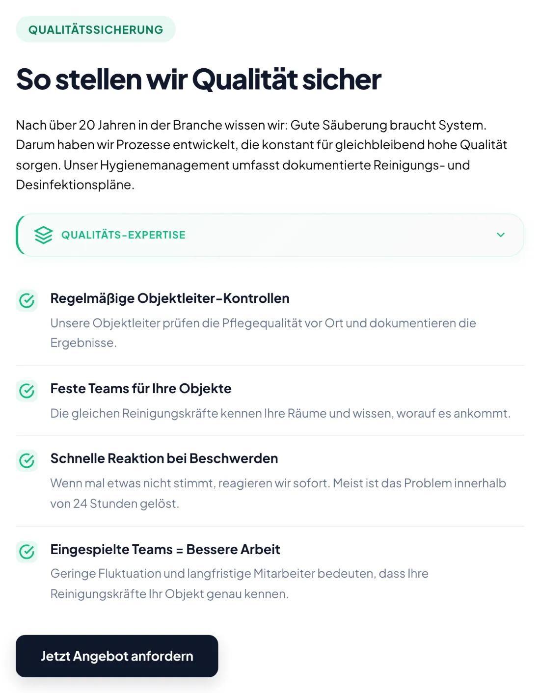 Ausschnitt der Website von Immo-Clean Gebäudereinigung e.K., Berlin: 20 Jahre Erfahrung werden in vier Qualitätsregeln greifbar; Kontrollen, feste Teams, 24‑Stunden‑Reaktionszeit — Erwartungen klar.