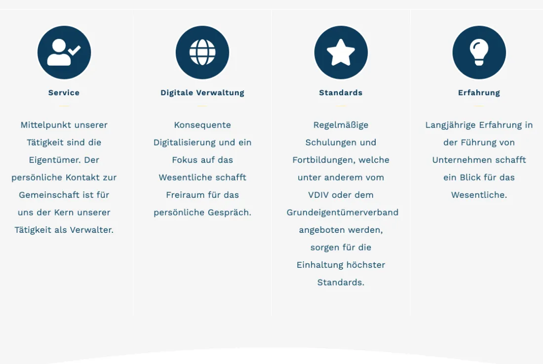 Ausschnitt der Website von Immobilienmanagement Dr. Scholl GmbH, Hamburg: Vier klar betitelte Kacheln mit Icons bündeln Service, digitale Verwaltung, Standards und Erfahrung — wer sucht, versteht Stärken sofort.
