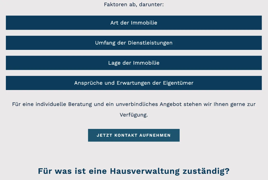 Ausschnitt der Website von Immobilienmanagement Dr. Scholl GmbH, Hamburg: Vier hervorgehobene Punkte erklären die Kalkulationsfaktoren — der Besucher weiß, was zählt, und findet unten sofort den Kontakt-Button.