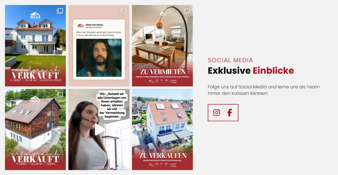 Ausschnitt der Website von M.Maile Immobilien GmbH, Stuttgart: Sechs Kacheln mit „verkauft/zu vermieten“ und Flächenangaben — wer sucht, sieht echte Fälle und kann Kanäle direkt öffnen.