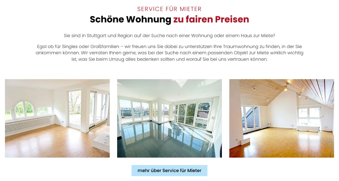Ausschnitt der Website von M.Maile Immobilien GmbH, Stuttgart: Klarer Bereich für Mieter mit Region „Stuttgart“ und Button „mehr über Service für Mieter“ — wer mietet, findet schnell den Einstieg.