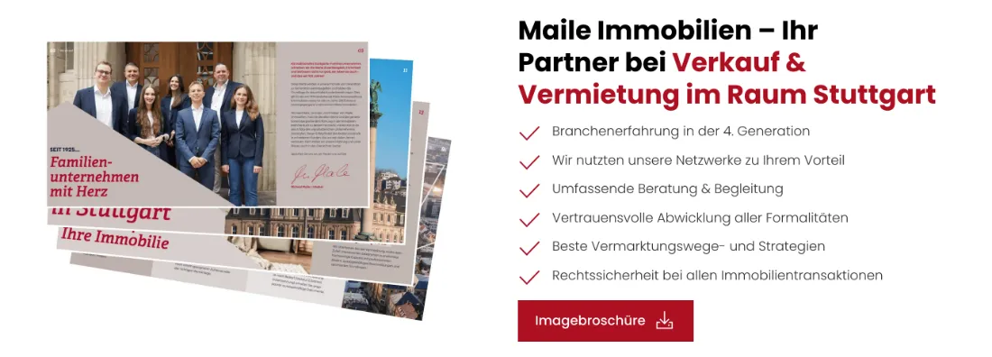 Ausschnitt der Website von M.Maile Immobilien GmbH, Stuttgart: Sechs Häkchenpunkte plus Download „Imagebroschüre“ — Leistungen sind auf einen Blick erfassbar, Details gibt’s als PDF.