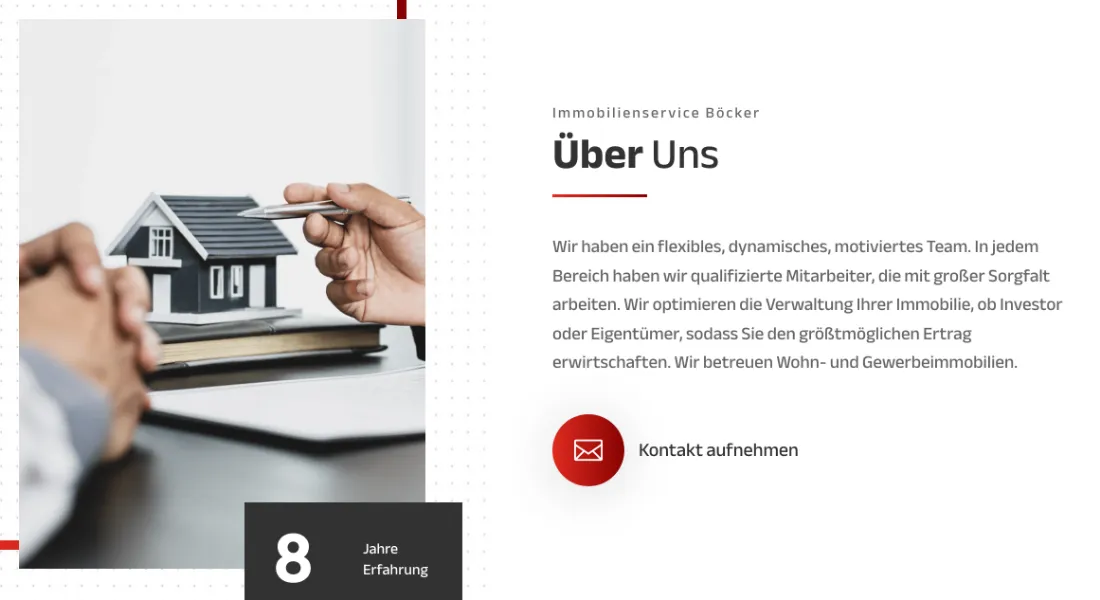 Ausschnitt der Website von Immobilienservice Böcker, Dortmund: 8 Jahre Erfahrung klar ausgewiesen und ein roter Kontakt-Button daneben — wer sucht, hat Beleg und direkten nächsten Schritt.