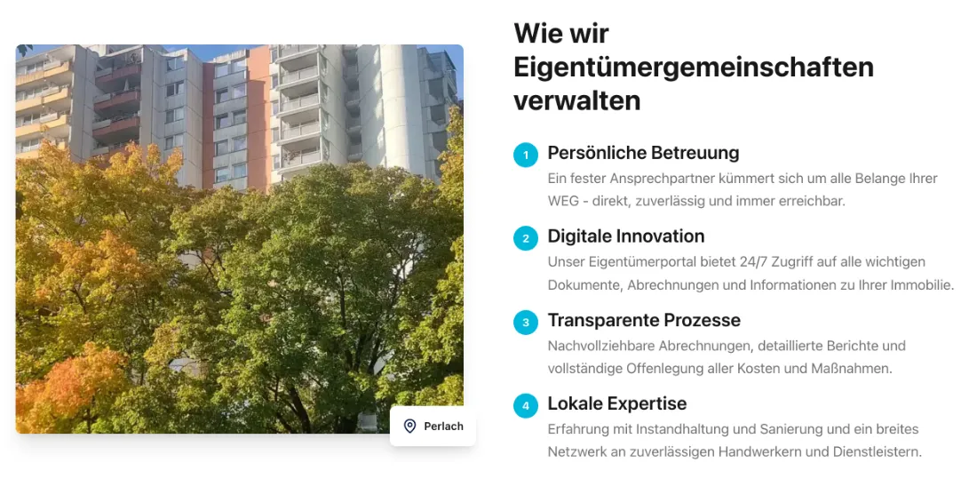 Ausschnitt der Website von Immobilienverwaltung Wottschal, München: Vier klar nummerierte Schwerpunkte und ein 24/7-Portal — der Besucher erfasst Leistungen und Verfügbarkeit auf einen Blick.