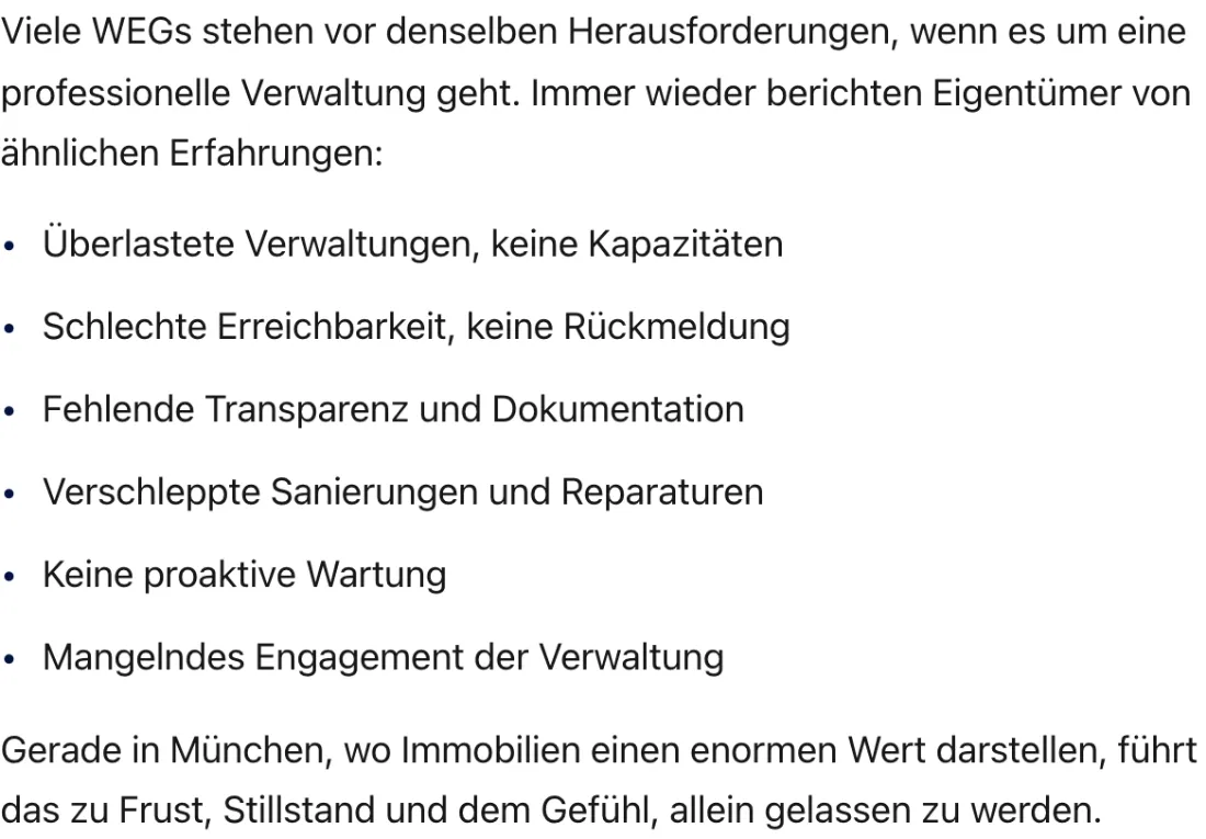 Ausschnitt der Website von Immobilienverwaltung Wottschal, München: Sechs häufige Probleme als Stichpunkte — wer vergleicht, erkennt sofort, ob die eigene WEG dieselben Hürden erlebt.