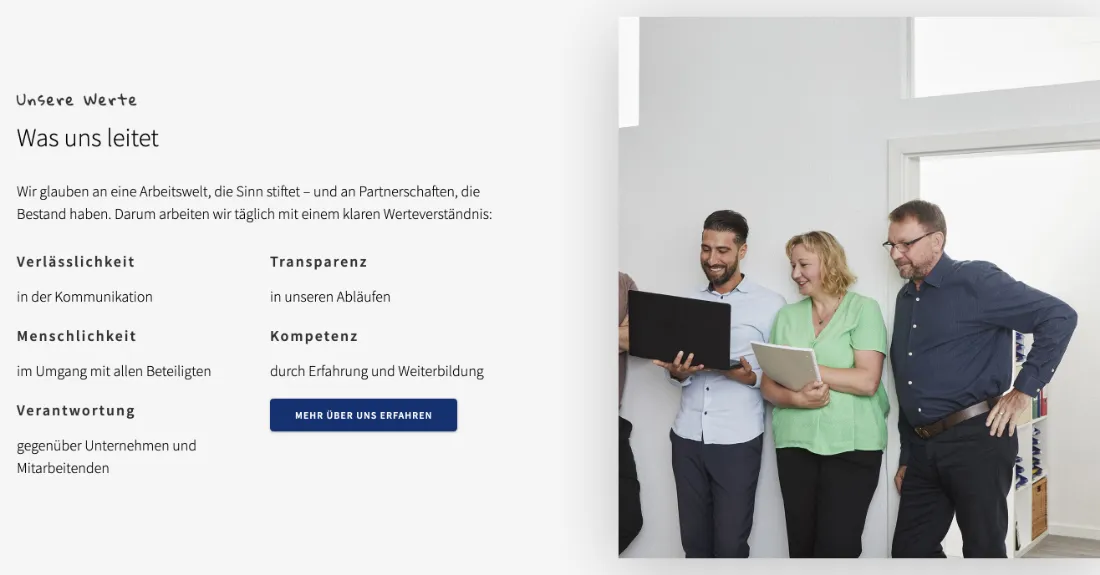 Ausschnitt der Website von IMS Personal, Berlin: Fünf Werte in zwei Spalten mit kurzen Erklärungen — der Besucher muss nichts erraten und prüft Erwartungen schnell.
