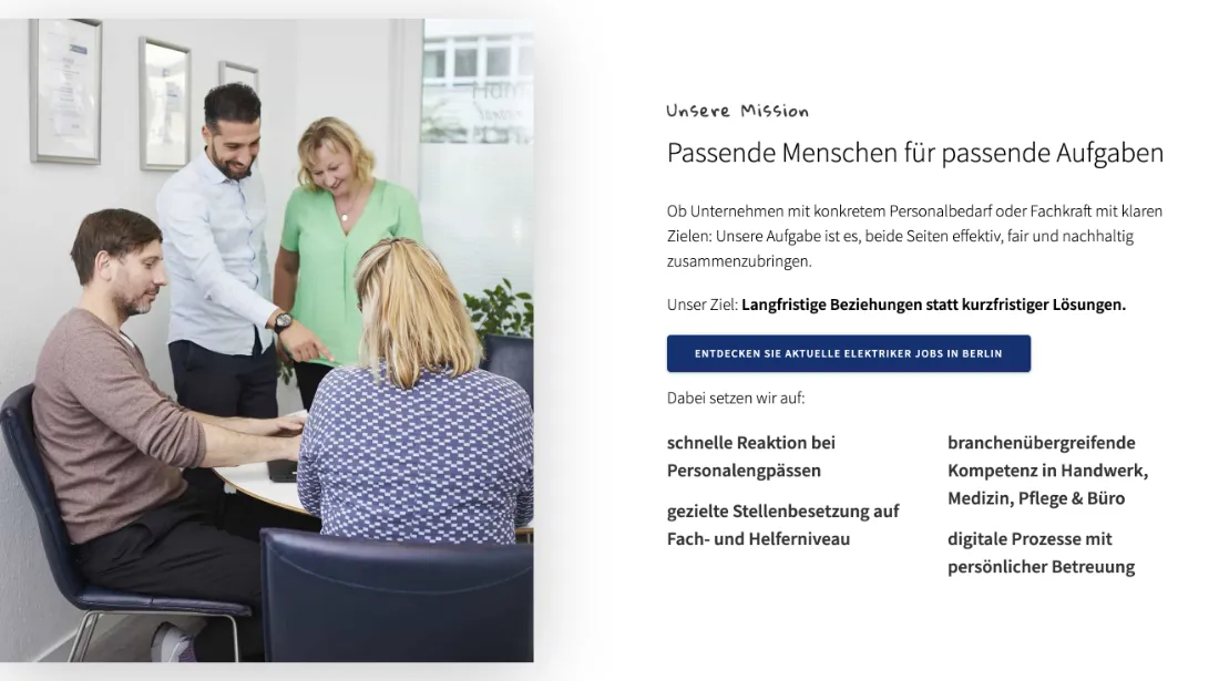 Ausschnitt der Website von IMS Personal, Berlin: Klare Mission mit markiertem Ziel und vier Schwerpunkten — Vorgehen und Nutzen sind auf einen Blick erfassbar.