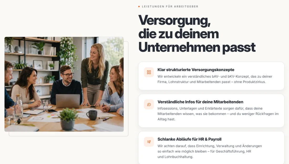 Ausschnitt der Website von Infino Finanzberatung, Dortmund: Angebot für Arbeitgeber in drei Kacheln mit kurzen Erklärungen — wer sucht, erkennt in Sekunden Nutzen, Infos für Mitarbeitende und HR‑Aufwand.