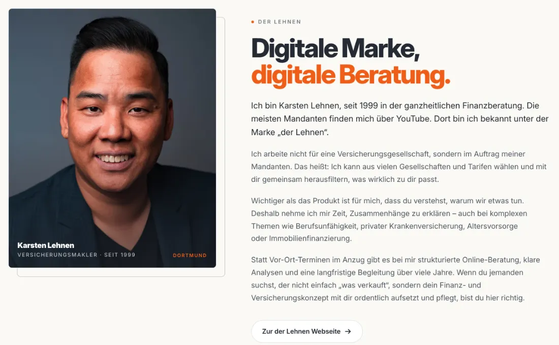 Ausschnitt der Website von Infino Finanzberatung, Dortmund: Die Selbstvorstellung nennt seit 1999 und Unabhängigkeit vom Versicherer — der Besucher versteht Rolle und Erfahrung auf einen Blick.