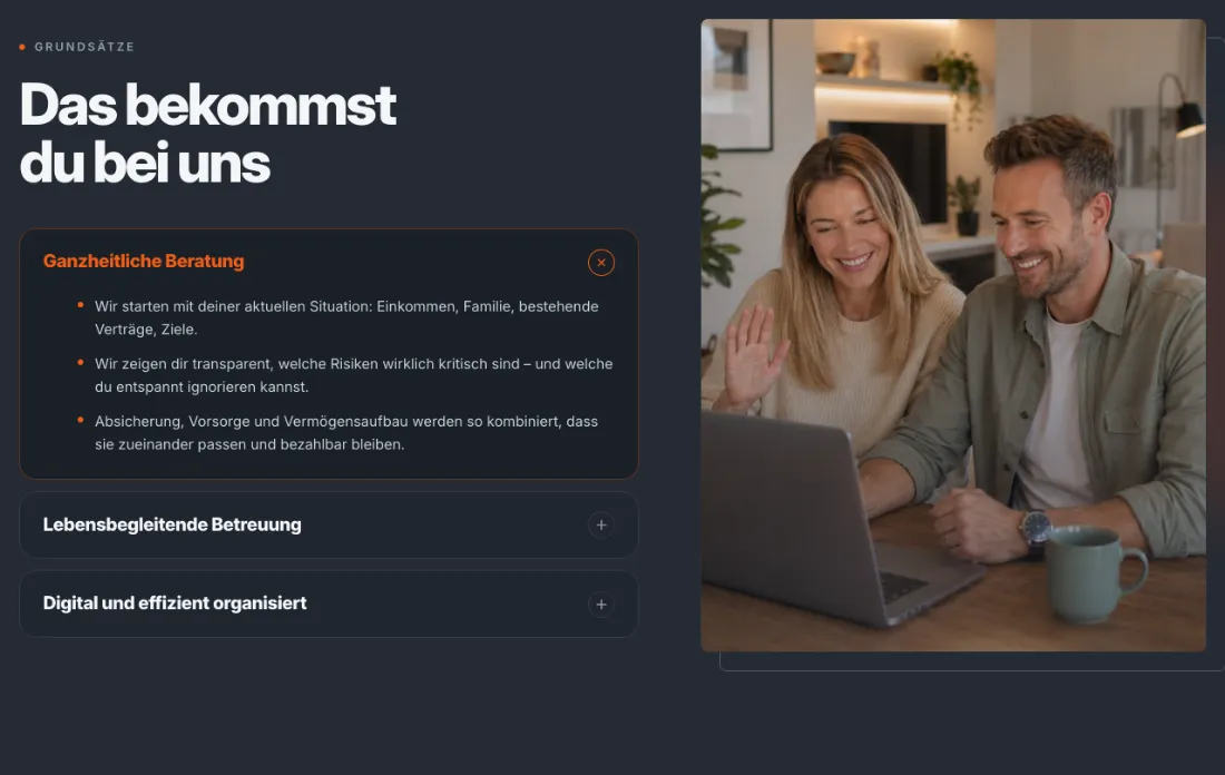 Ausschnitt der Website von Infino Finanzberatung, Dortmund: Aufklappbox mit drei klaren Punkten, dazu zwei weitere Punkte darunter — der Besucher scannt schnell und vertieft nur, was interessiert.