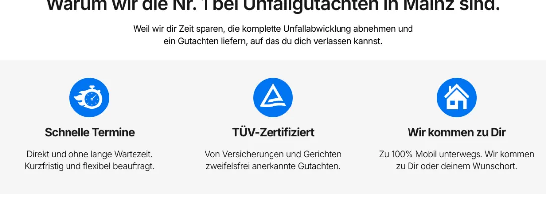 Ausschnitt der Website von Ingenieurbüro Atalay, Mainz: Drei klare Kacheln mit Stoppuhr, TÜV-Zeichen und Haus plus '100 % mobil' — wer sucht, erkennt Tempo, Anerkennung und Vor-Ort-Service.