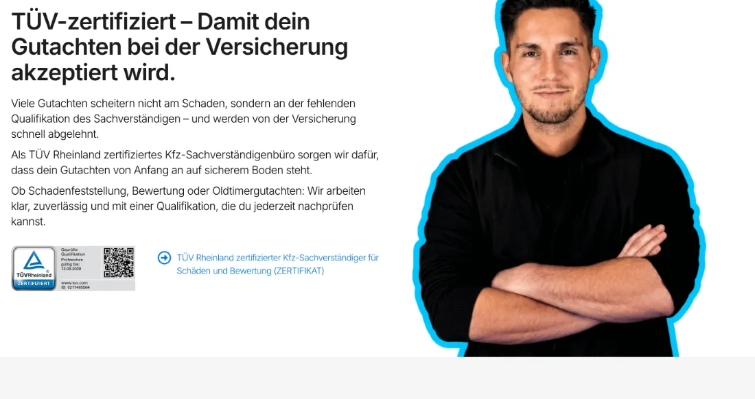 Ausschnitt der Website von Ingenieurbüro Atalay, Mainz: Überschrift, TÜV-Logo und Link zum Zertifikat — der Besucher kann die Qualifikation selbst prüfen und spart Rückfragen.