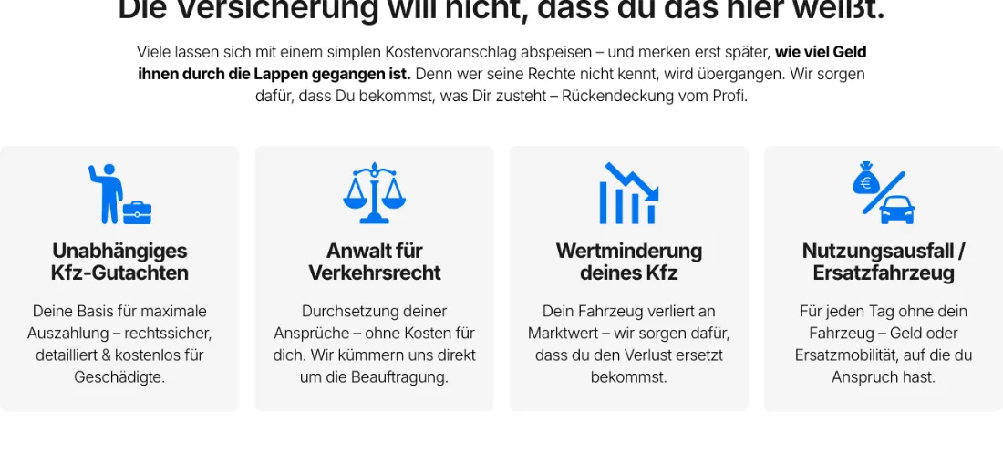 Ausschnitt der Website von Ingenieurbüro Atalay, Mainz: Vier Bausteine von Gutachten bis Ersatzfahrzeug — der Besucher sieht, dass Absicherung, Anwalt und Ausgleich mitgedacht sind.