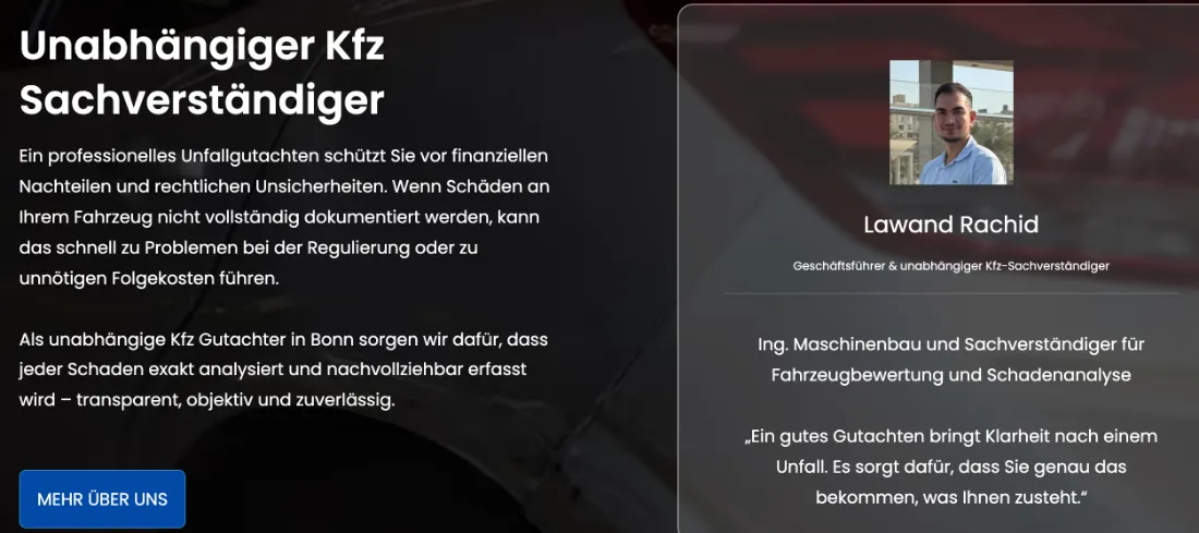 Ausschnitt der Website von Ingenieurbüro Rachid, Bonn: Name, Abschluss und Rolle stehen sichtbar — wer sucht, erkennt Zuständigkeit und Qualifikation ohne langes Nachlesen.