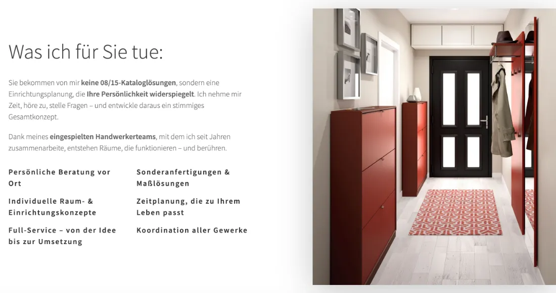 Ausschnitt der Website von InnenausSichten, Leipzig: Sechs Leistungen klar gelistet — der Besucher sieht auf einen Blick Beratung, Maßlösungen und Koordination aller Gewerke.