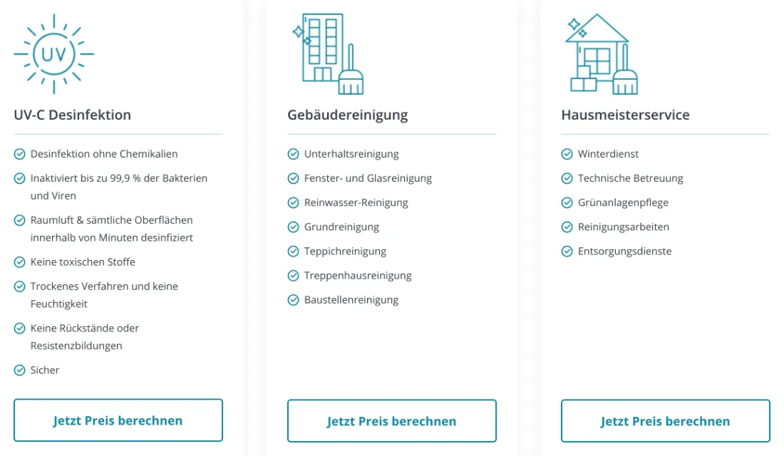 Ausschnitt der Website von In-N-Out Clean e.K., München: Drei Kacheln mit klaren Leistungslisten (7/7/5 Punkte) und je einem Preisrechner — wer sucht, erkennt Angebot und kann sofort kalkulieren.