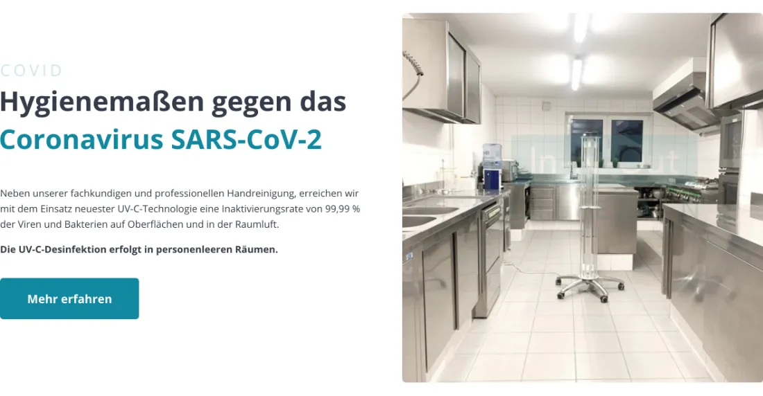 Ausschnitt der Website von In-N-Out Clean e.K., München: Konkrete Zahl (99,99 % Inaktivierung) plus Hinweis „personenleere Räume“ — das schafft Klarheit zu Wirkung und Einsatzgrenzen.