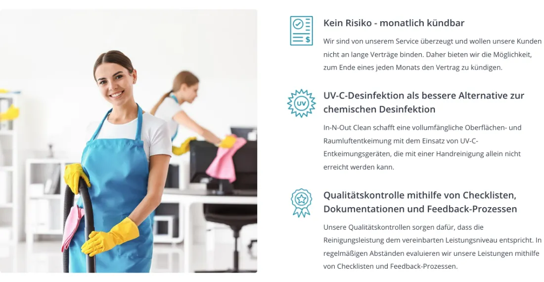 Ausschnitt der Website von In-N-Out Clean e.K., München: Drei präzise Argumente — monatlich kündbar, UV‑C statt Chemie, Kontrollen mit Checklisten — der Besucher weiß, was ihn erwartet.