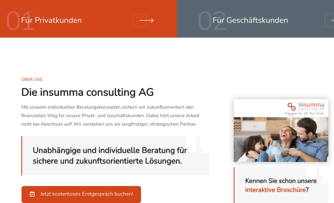 Ausschnitt der Website von insumma consulting AG, Lübeck: Zwei Eingänge 01/02 für Privat- und Geschäftskunden plus klarer Erstgespräch-Button — wer sucht, findet ohne Umweg den Start.