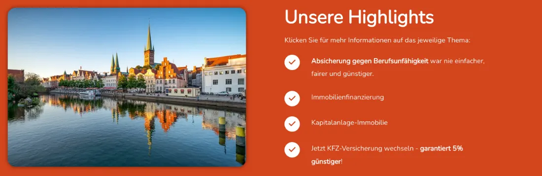 Ausschnitt der Website von insumma consulting AG, Lübeck: Vier Highlights mit Häkchen und einer konkreten Zahl (5 %) — Nutzen wird messbar, Prioritäten sind auf einen Blick klar.