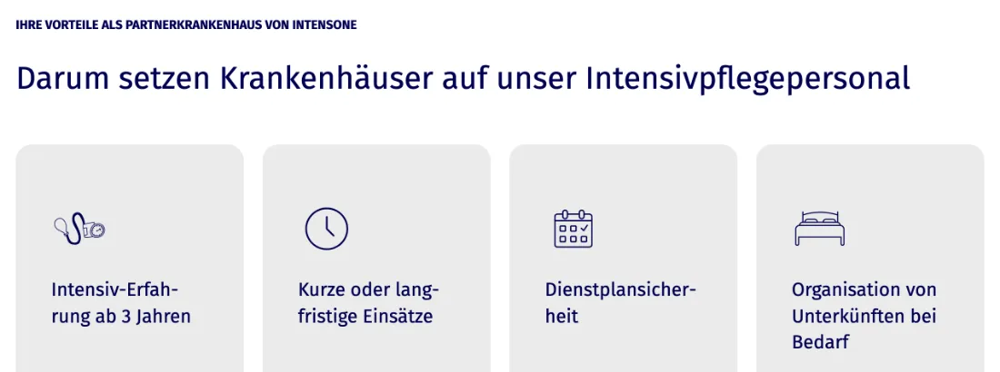 Ausschnitt der Website von intensOne GmbH, Dortmund: Vier klar getrennte Vorteile, darunter 'Erfahrung ab 3 Jahren' — wer sucht, erkennt Eignung und Einsatzform auf einen Blick.