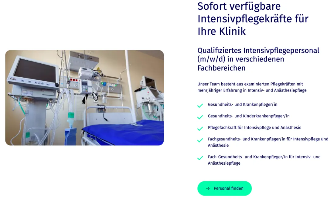 Ausschnitt der Website von intensOne GmbH, Dortmund: Fünf Häkchenpunkte nennen Qualifikationen, daneben der Button — wer Personal sucht, versteht das Profil und startet die Anfrage.