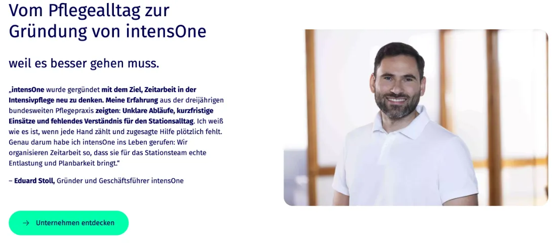 Ausschnitt der Website von intensOne GmbH, Dortmund: Zitat mit dreijähriger Pflegepraxis und benannten Problemen — wer prüft, versteht Motivation und Zweck des Angebots sofort.
