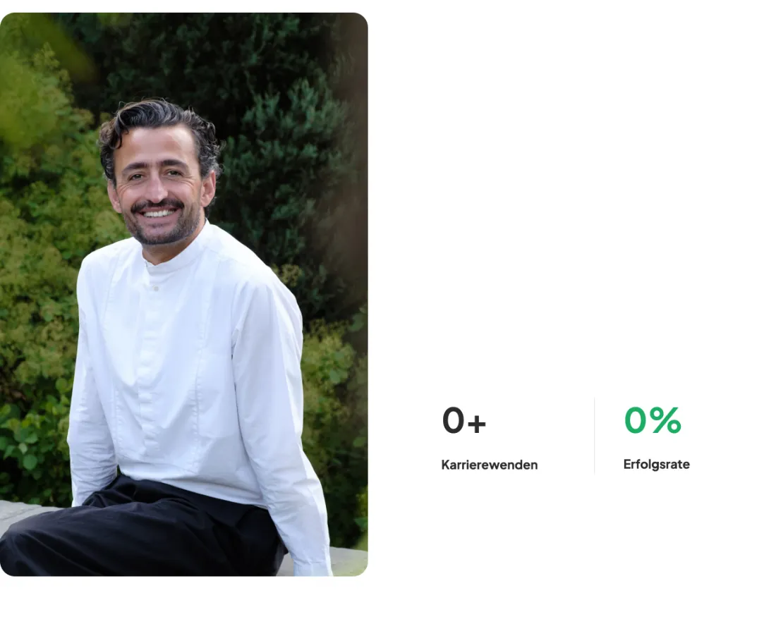 Ausschnitt der Website von Berufliche Orientierung und Karriereberatung, Hamburg: Porträt und zwei Kennzahlen nebeneinander — wer sucht, erfasst Person und Ergebnis auf einen Blick, statt durch Text zu scrollen.