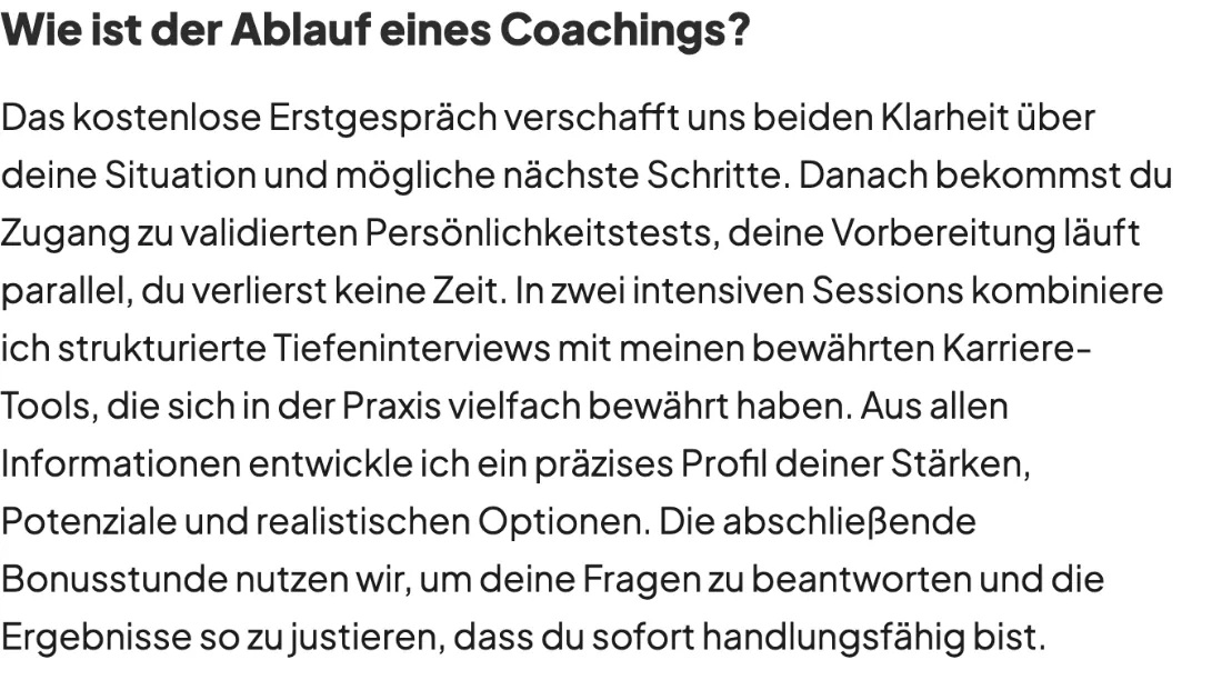 Ausschnitt der Website von Berufliche Orientierung und Karriereberatung, Hamburg: Kostenloses Erstgespräch, Zugang zu Tests, zwei Sessions plus Bonusstunde — der Besucher versteht Ablauf, Tempo und Aufwand sofort.