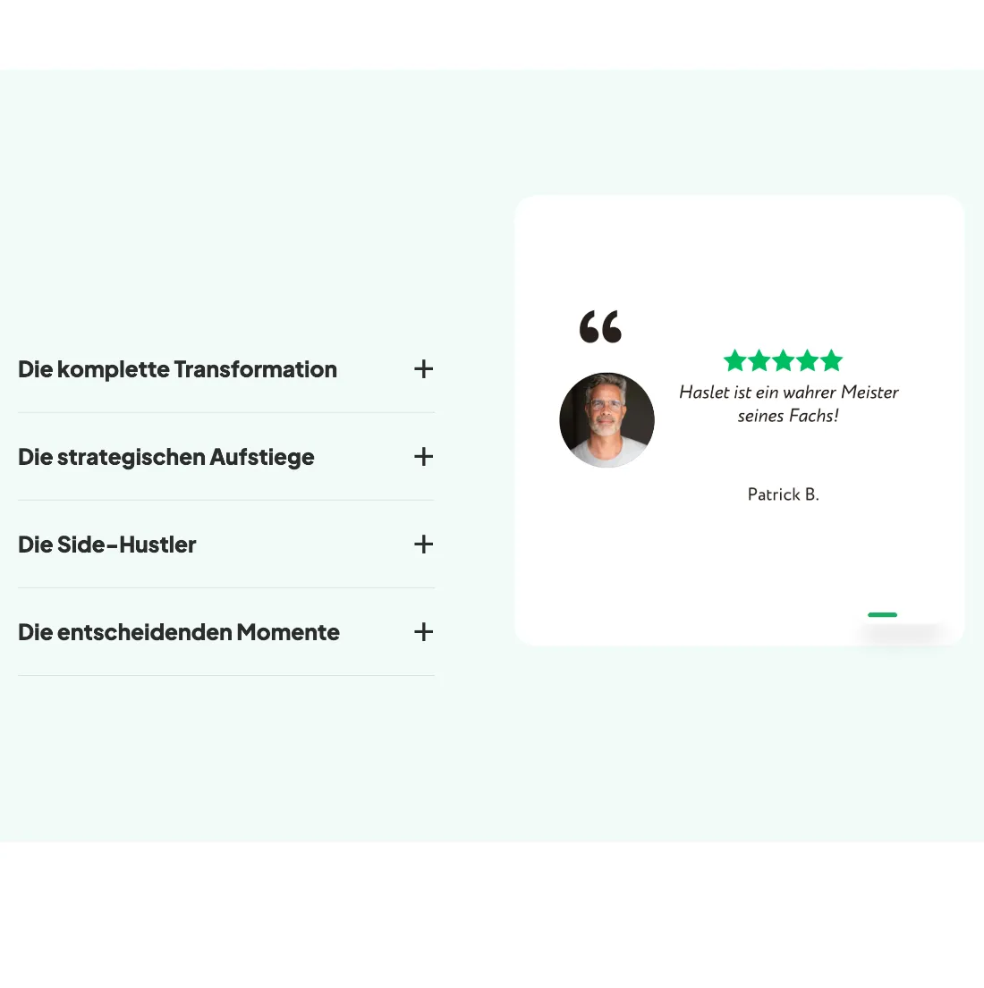 Ausschnitt der Website von Berufliche Orientierung und Karriereberatung, Hamburg: Vier Kategorien im Akkordeon und ein 5‑Sterne‑Zitat daneben — wer sucht, findet passende Situation samt Beleg, ohne zu scrollen.