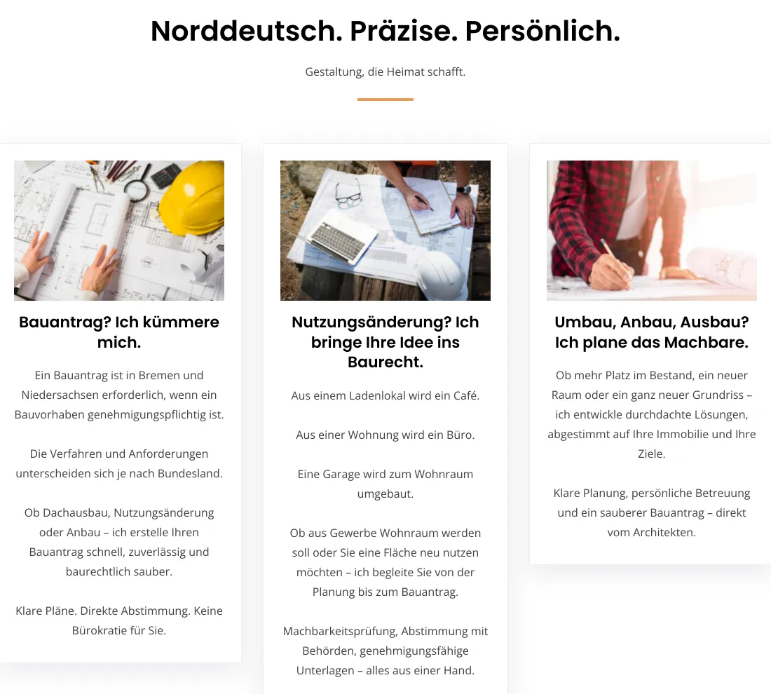 Ausschnitt der Website von Jan Beider, Bremen: Drei Kacheln ordnen Leistungen nach konkreten Fällen — wer ein Anliegen hat, findet seinen Einstieg ohne Fachjargon.