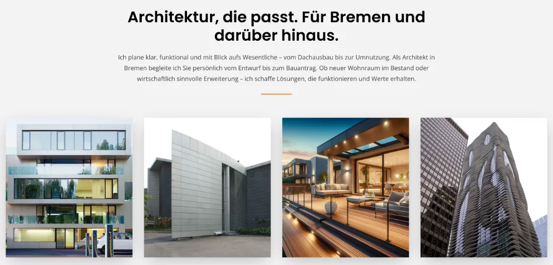 Ausschnitt der Website von Jan Beider, Bremen: Vier Projektbilder nebeneinander — die Bandbreite wird sichtbar, der Besucher prüft schnell, ob Stil und Umfang passen.