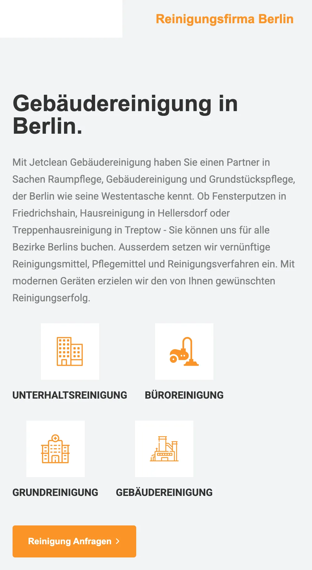 Ausschnitt der Website von Jetclean Gebäudereinigungsservice, Berlin: Vier klar beschriftete Kacheln bündeln die Hauptleistungen — wer sucht, erkennt das Angebot sofort und findet den passenden Einstieg.