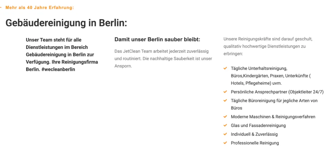 Ausschnitt der Website von Jetclean Gebäudereinigungsservice, Berlin: Über 40 Jahre genannt und eine Liste mit 7 Punkten inkl. Ansprechpartner 24/7 — der Besucher sieht belastbare Fakten auf einen Blick.